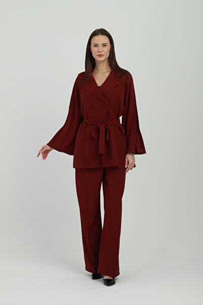 SHEVOLA Waist Tied Pleated Sleeve Claret Red Double Breasted Suit