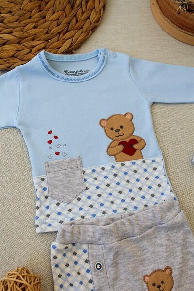 Tomuycuk 100% Cotton Blue Baby Boy 3-Piece Set - Teddy Bear Embroidered & Long Sleeve Bottom Top Set