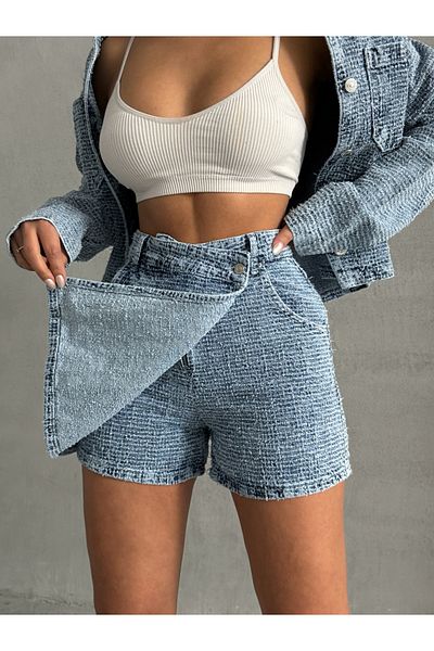 Miss Prova Mini pantaloni scurți din denim texturat albastru MISSSE8017