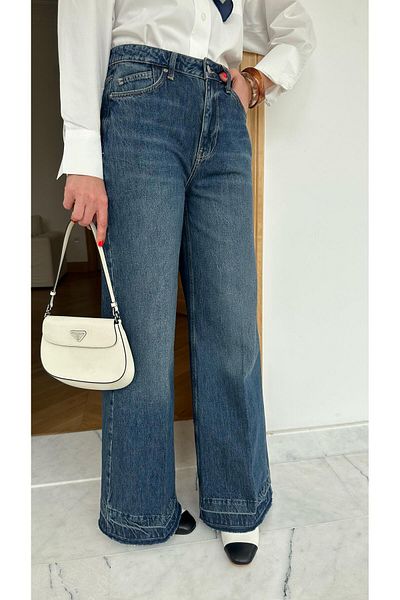 Askı Nişantaşı Navy Blue High Waist Cut Leg Lightweight Spanish Leg Denim Trousers