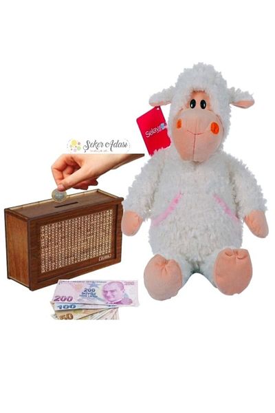 Şeker Adası Cute Pocketed Lamb 40 cm Aries Plush Toy and Wooden Targeted Piggy Bank Money Saving Box