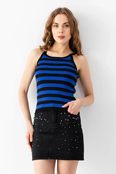 Irmak Kerekli Women's Saks Blue-Black Striped Knitwear Athlete Blouse 5615