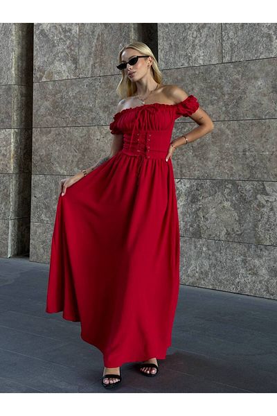 Stil Sepeti Women's Red Eyelet Chest Draped Aerob Series Maxi Dress Ely- 100042369