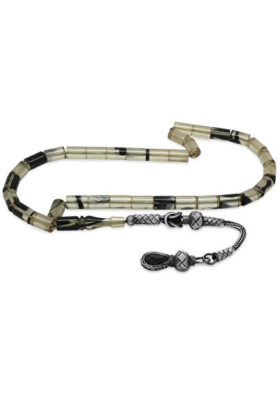 Tesbihane Ασημένιο 1000 καρατίων Κρεμαστό ροζάριο με φούντα με κομμένο μαύρο-λευκό κεχριμπαρένιο φωτιάς