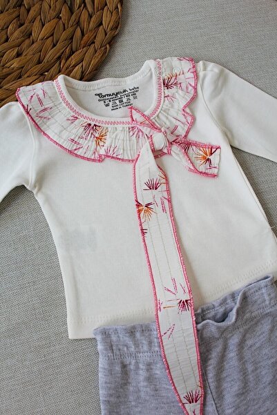 Tomuycuk Ecru Baby Girl/Child Set - 100% Cotton, Bandana and Long Bottom-Top Set of 3
