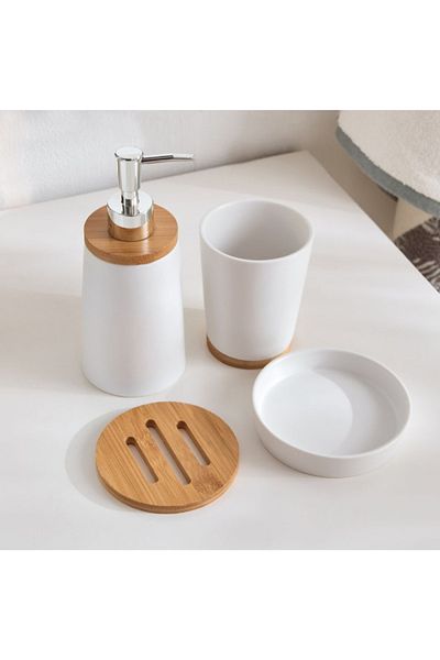Home Box Boston 3-Piece Ceramic and Bamboo Bathroom Accessory Set