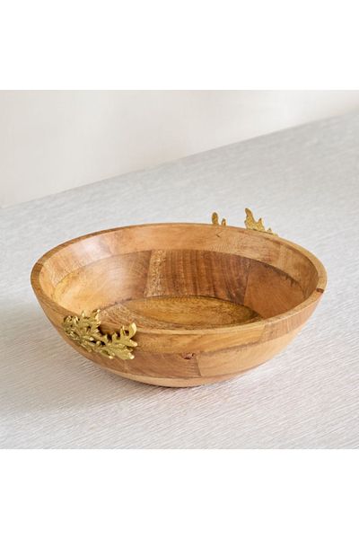Home Box Nordic Wooden Bowl with Fern Leaf - 30x30x12 cm
