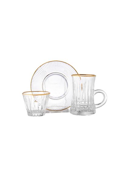 Dania Set tea and coffee set made of clear glass with a golden line 12 cups+12 saucers+12 spoons+12 coffee