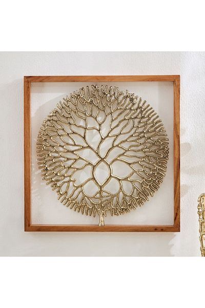 Home Box Ozawa Aluminium Cutwork Tree Wall Art with Natural Wooden Frame - 43x43x3 cm