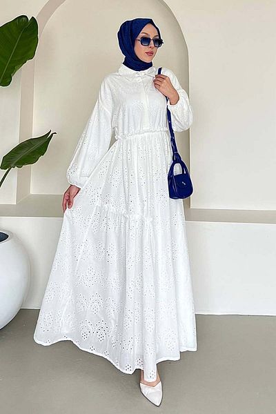 benguen White Brode Hijab Dress 1009-1 Model