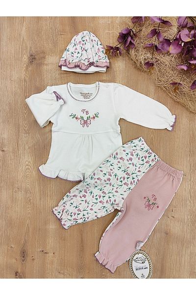 Tomuycuk 100% Cotton & Sweat Baby Girl Set 3 Pieces - Ecru Color & Floral Embroidered Baby Set