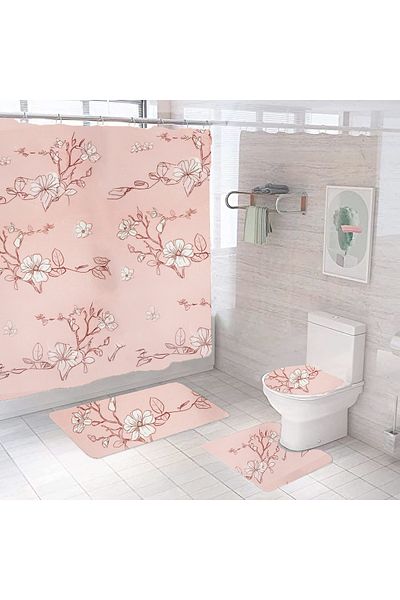 Ella Home 4 Piece Bathroom Set, Lid Cover, Toilet Mat, Bath Mat, Shower Curtain, Graphic Pattern
