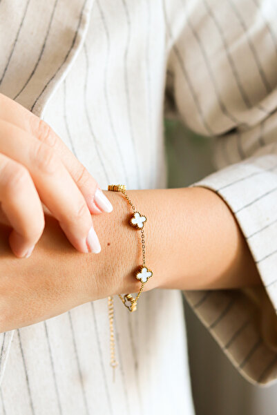 ATALYA ACCESSORY Clover Model Gold Color White Women's Steel Bracelet - on th...