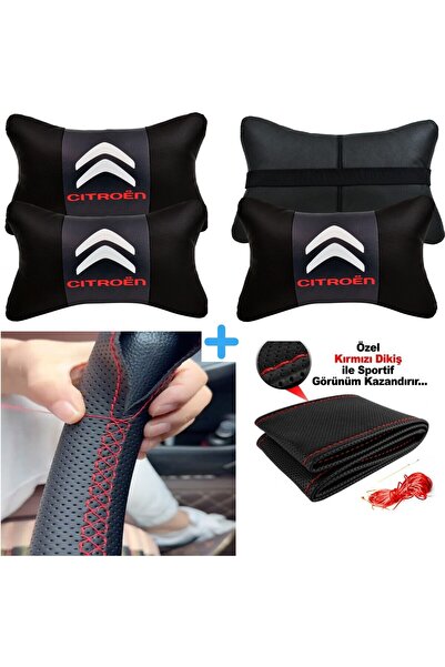 Sewn-On Steering Wheel Cover Compatible with Citroën C-Elysée Series + 2pcs Luxury Car Neck Pillow