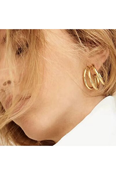 Siya Silver Kararmaz Çelik Altın Kaplama Gold Renk Üçlü Görünümlü Çivi Küpe