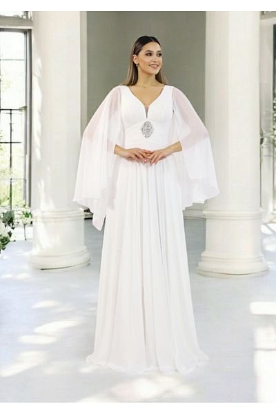 FaBe Fashion Cap Sleeve Waist with Stone Accessories Draped Heart Collar White Chiffon Wedding Engagement and Outdoor Shooting Dress