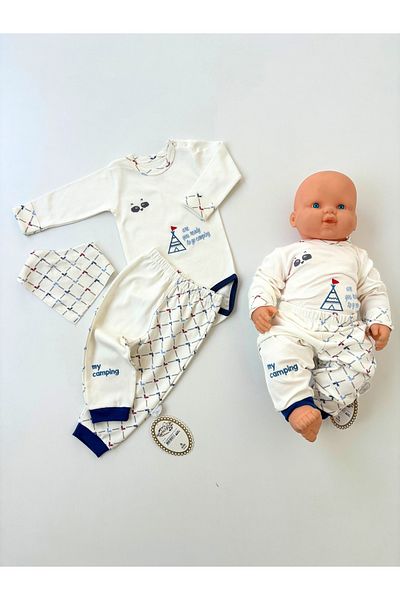 Tomuycuk Ecru Baby Boy Set - Tent Patterned & Body, My Camping Collar
