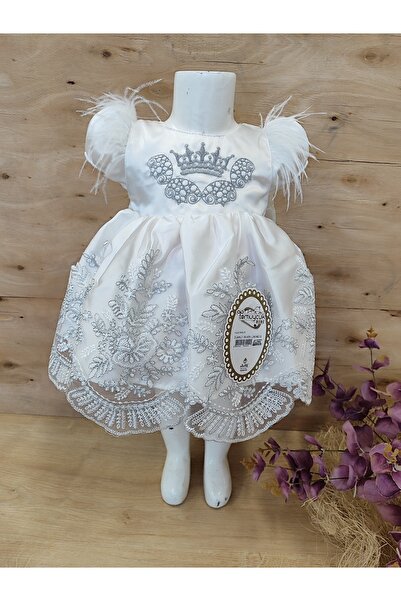 Tomuycuk Ekru Kız Bebek Mevlütlük Lüks Dantelli Özel Elbise Kurdeleli Kısa Ko...