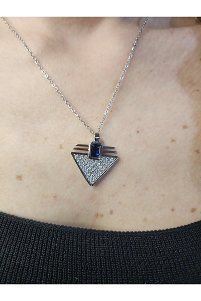 ALLEGRİA قلادة حجر مثلث أزرق داكن، قلادة مثلث رمادي فضي، قلادة حجر مثلث، قلاد...