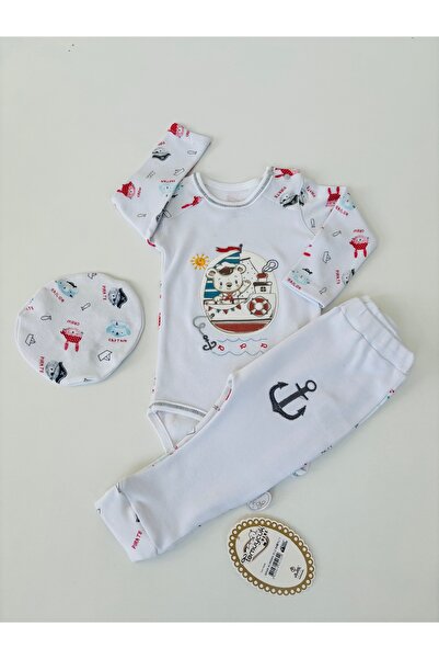Tomuycuk Ecru & Pirate Embroidered 3-Piece Baby Boy Set - Set with Hat & Bodysuit - 100% Cotton