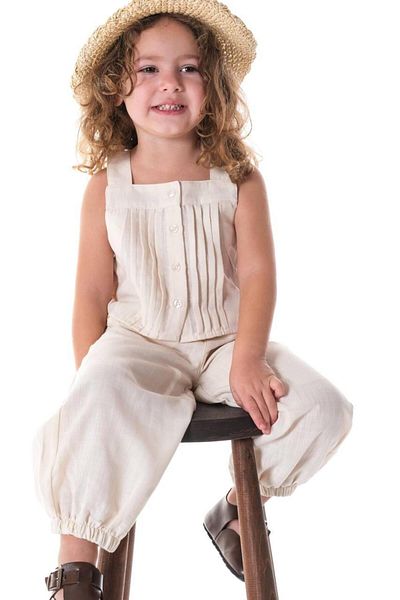 Next Baby Little Twins Cotton Cream Pleated Linen Short Sleeve Bottom Top Set
