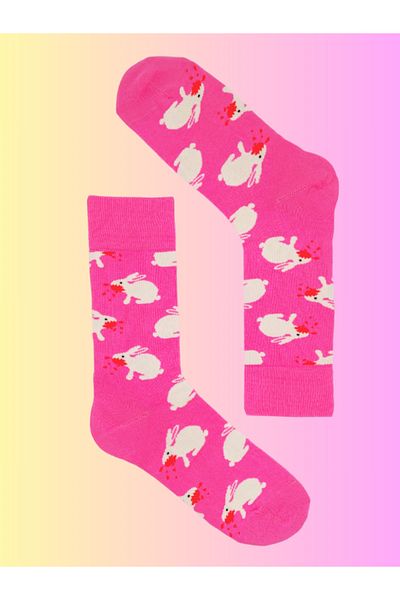 Shuttle Park Imported Special Series Unisex Happy Pink Rabbit Colored Socks Patterned Fun Designs Style Socket Socks