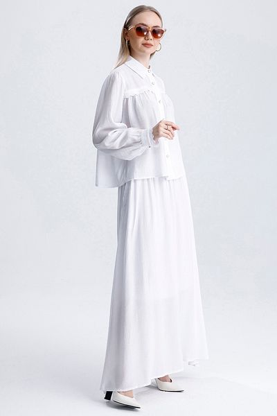 MD trend Women's Lace Detailed Pocket Bell Skirt and Crop Shirt Double Summer Linen Set