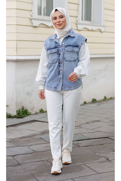 Pamuk Butik Women's Blue Denim Jeans Vest with Pockets