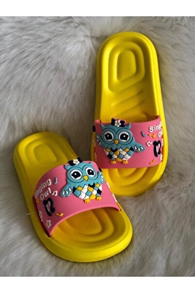 GEZER Bird Patterned Yellow Pink Anatomical Sole Non-Slip Plastic Girl's Pool Sea Beach Evve Street Slippers