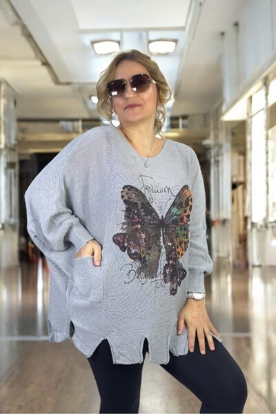 yagmurberen Butterfly Patterned Boat Neck Pocket Tassel Detail Large Size Italian Mercerized Bluz Sweater.