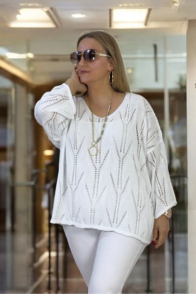 yagmurberen Boat Neck Openwork Patterned Large Size Italian Mercerized Bluz Sweater