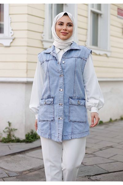Pamuk Butik Women's Blue Denim Pocket Denim Vest