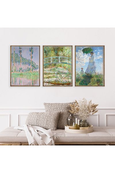 Dekorsiahome Комплект за рисуване с дървена рамка за хол/кухня от 3 части, Claudemonet
