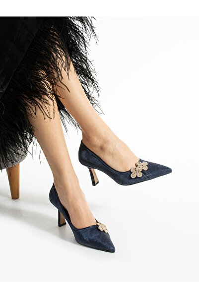 ALEMDAR AYAKKABI Pantofi de damă cu toc PARLES bleumarin cu flori de piatră
