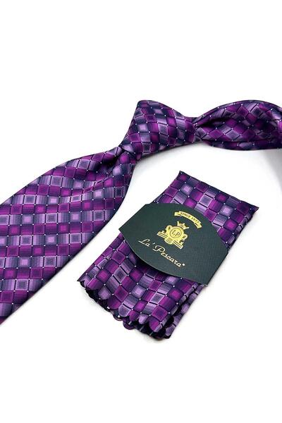 Kravatkolik Fuşya Kare Desen Mendilli Klasik Kravat KK13167