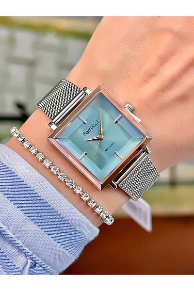 Ferrucci Steel Mesh Cord Square Case Women's Wristwatch with 2 Years Warranty 3 Atm Waterproof
