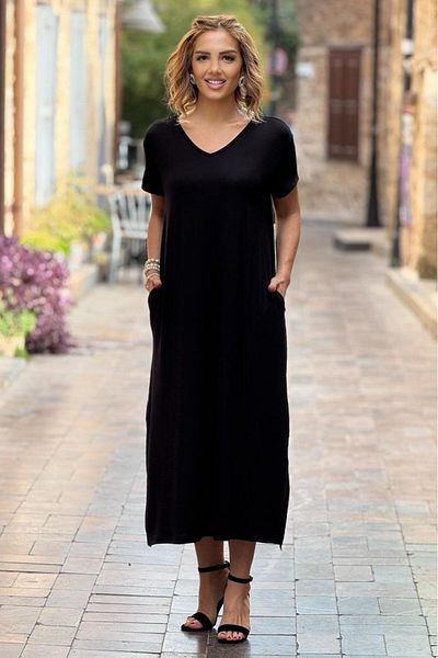 Nevin Kaya Moda Rochie neagră din bumbac pieptănat din viscoză, cu decolteu în V, cu detaliu inel pe spate