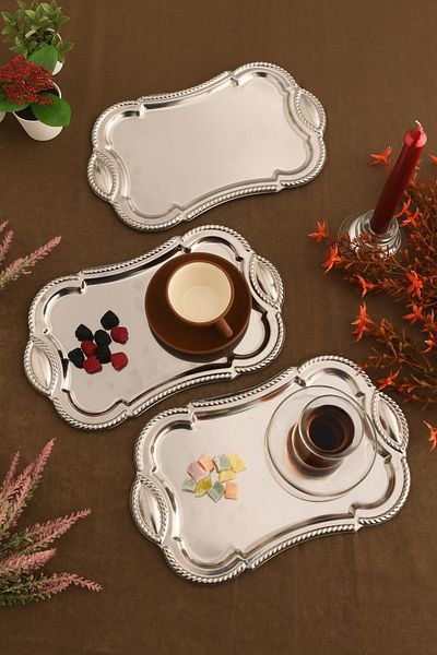 AKSESUAR EVRENİ Liven Stainless Rectangular Auger Pattern Presentation Tray Silver Set of 3