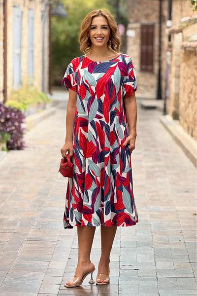 Nevin Kaya Moda Πολύχρωμο φόρεμα από βαμβακερό χτενισμένο από άνοιξη