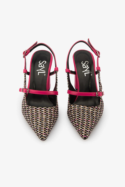 SAYL Pembe Örgü Desenli Arkası Açık Blok Topuklu Kadın Ayakkabı