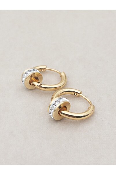 Siya Silver Kararmaz Çelik Gold Renk Hareketli Zirkon Taşlı Unisex Halka Küpe- 1,3 cm