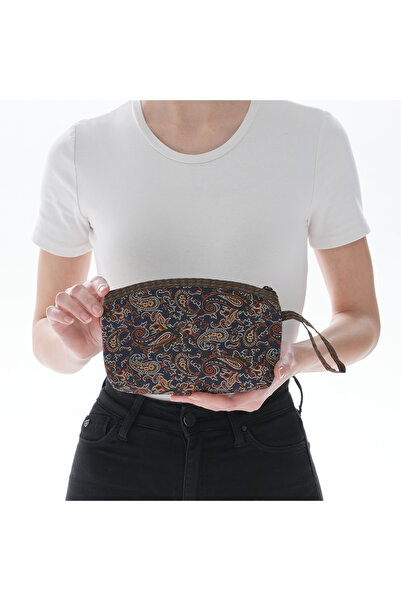 MODA Kadın El Yapımı Etnik Desenli Kahve Lacivert Fermuarlı Tek Gözlü Orta Bo...