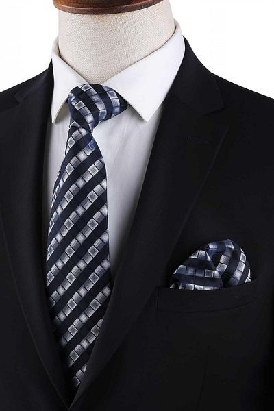 Kravatkolik Black - White Square Pattern Classic Tie with Handkerchief Kk13172