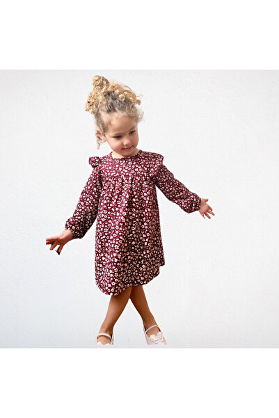 MODA فستان بأكمام طويلة وطبعة زهور مع تفاصيل دولاب الموازنة – أحمر كلاريت