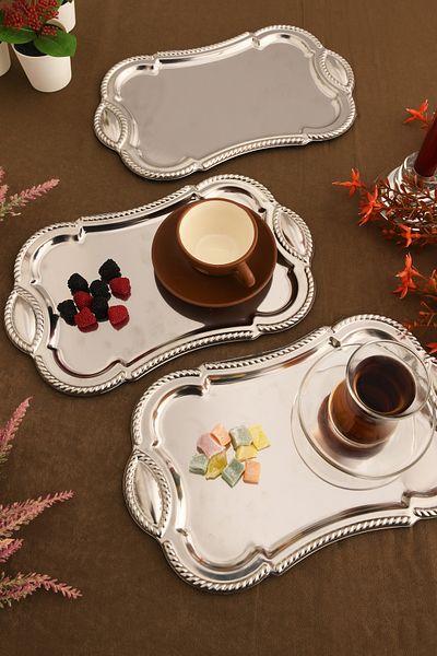 AKSESUAR EVRENİ Liven Stainless Rectangular Auger Pattern Presentation Tray Silver Set of 3