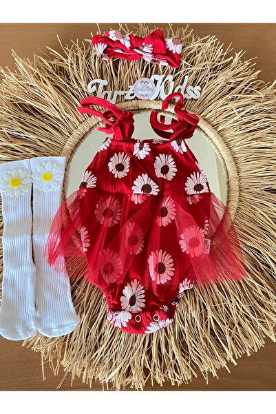 EBRU ÖZÖRGÜCÜ Kız çocuk tüllü  papatyalı tulum bandana çorap takımı