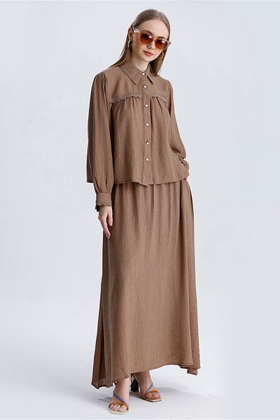 MD trend Women's Lace Detailed Pocket Bell Skirt and Crop Shirt Double Summer Linen Set