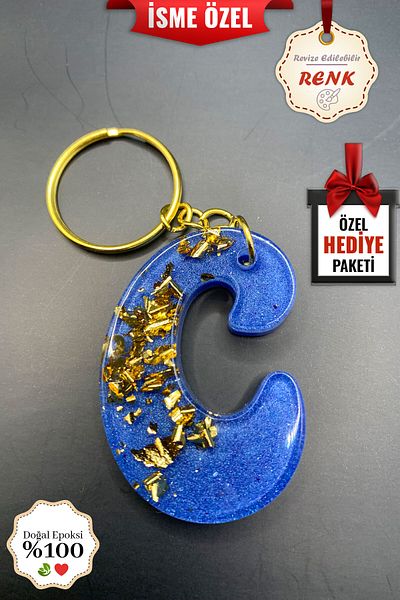 BİZİMSÜS C Letter Blue Keychain - Gift Keychain - Epoxy