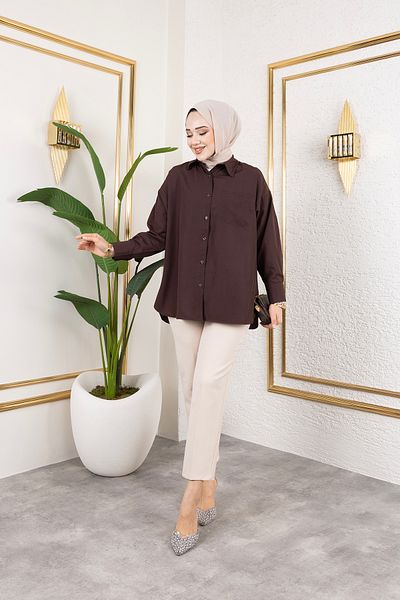 Pek Moda Γυναικείο πουκάμισο Hijab με μακρυμάνικο καφέ Bitter