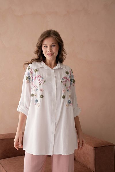 MVStore Women's Floral Print Embroidery Embroidered Linen Oversize Shirt and Pants